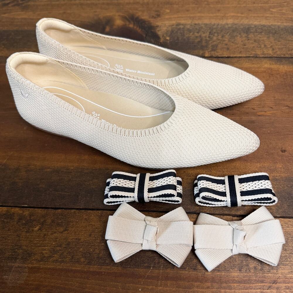 VIVAIA Women's Aria Almond Pointed-Toe Ballet Flats 39.5 Set of 2 Removable Bows